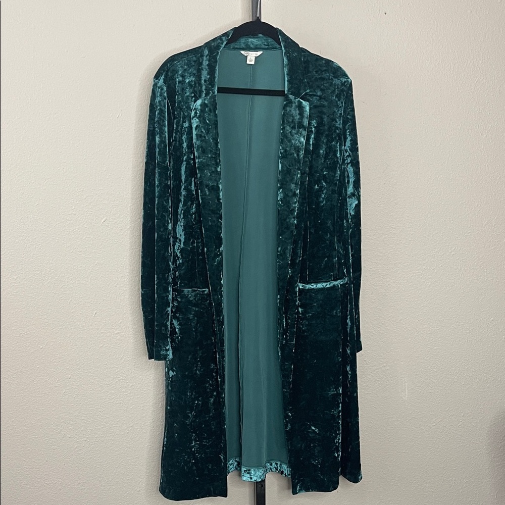 Cato Woman’s Crushed Velvet Duster Cardigan Teal Green Long Open Front Size L